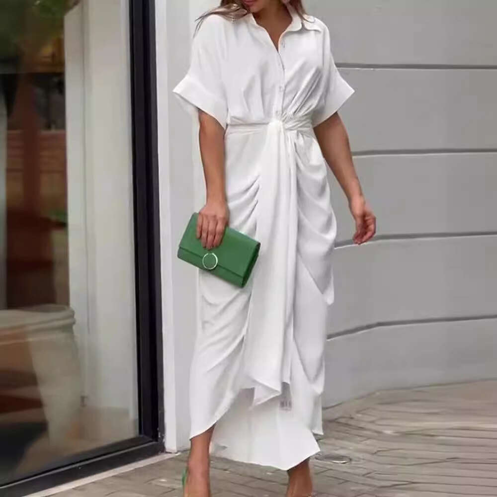 European and American women's fashion cross-border new style 2026 collared mid-length short-sleeve single-breasted high-waisted shirt dress