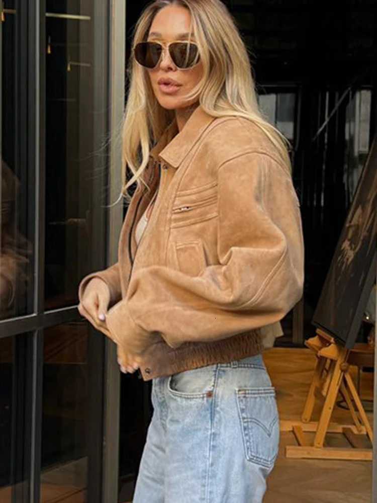 FSMG Vintage Solid Suede Lapel Jacket For Women Casual Long Sleeve Pocket Zipper Short Coat Lady High Street Motorcycle OutwearsT260328