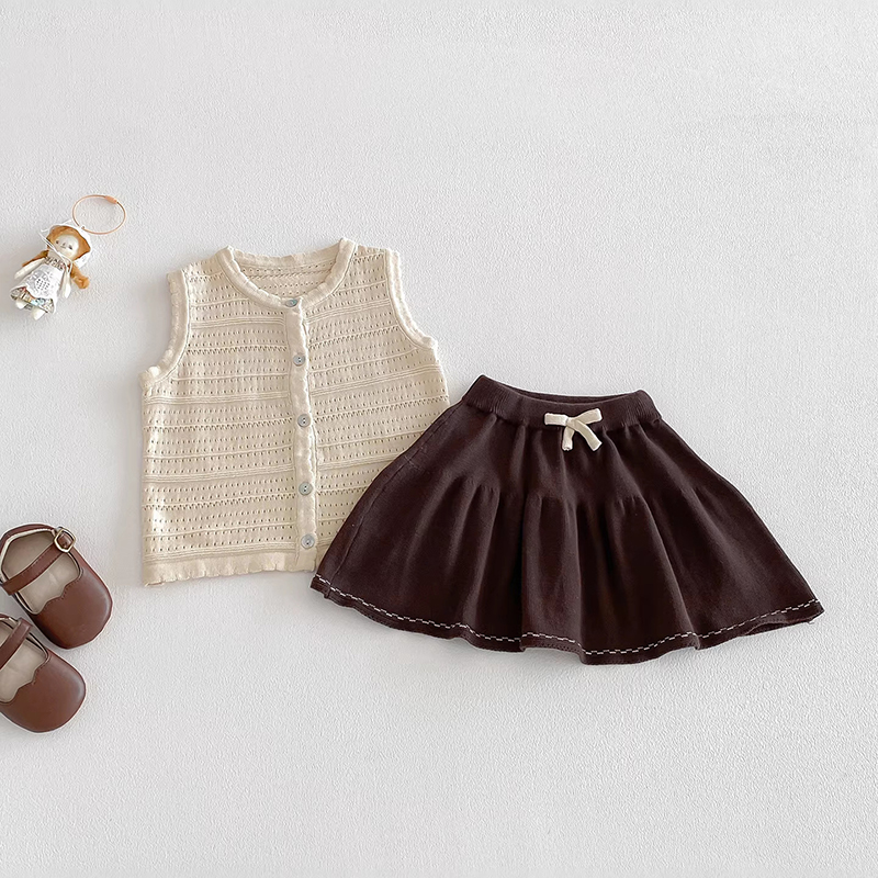 New Knitted Vest Set for Infants and Young Children, Summer Thin Women's Baby Top and Short Skirt Two Piece Set