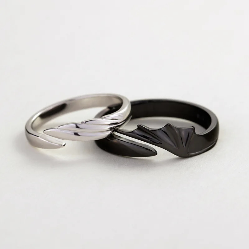 OBEAR 100 925 Sterling Silver Angel And Devil Couple Rings Wing Feather Opening Rings for Women Men Lovers Party Jewelry 260324