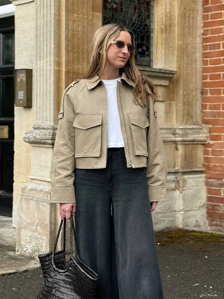 Vintage Womens Short Jacket Pockets Zipper Full Sleeve Khaki Green Thick Coats 2025 Spring Autumn Lady Loose Street OutwearT260328
