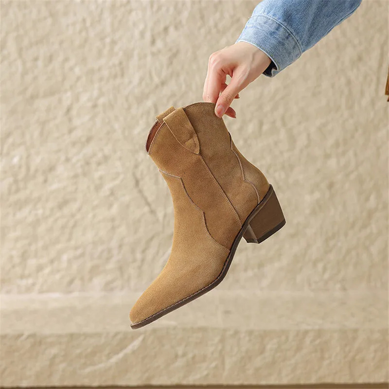 Autumn Cow Suede Women Boots Pointed Toe Chunky Heel Boots for Women Fashion Short Boots Winter Boots Women Western Boots 260327