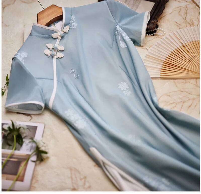 New Women Blue Long Cheongsam Summer Short Sleeve Elegant Vintage Embroidery Dress Gentle Qipao S To 2Xl High-Fashion MAKOUFEI
