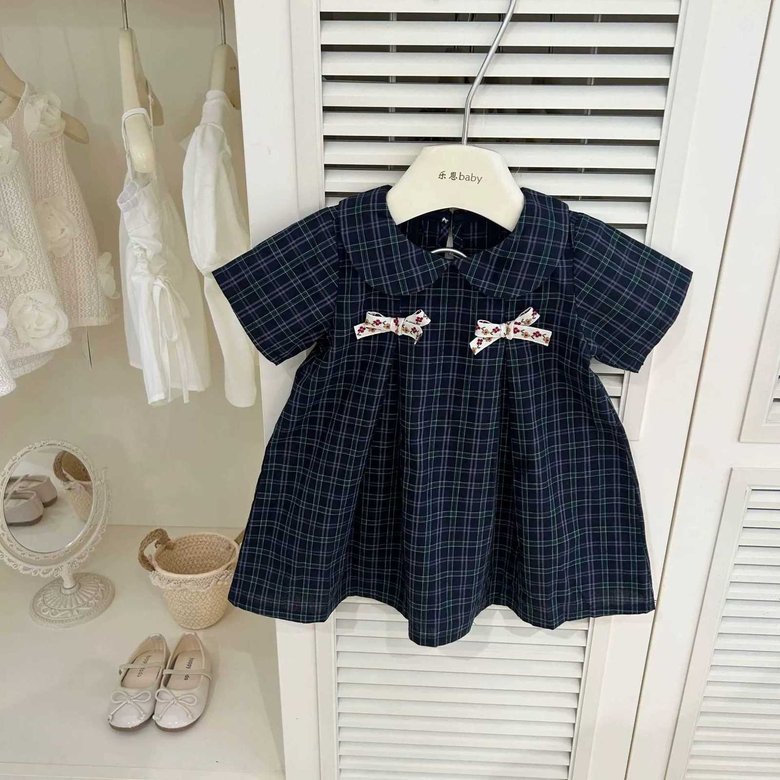 Summer Girls Plaid Dress Korean Style Doll Collar Dress Baby Fashionable Princess Plaid Dress Short-Sleeved Summer DressT260330