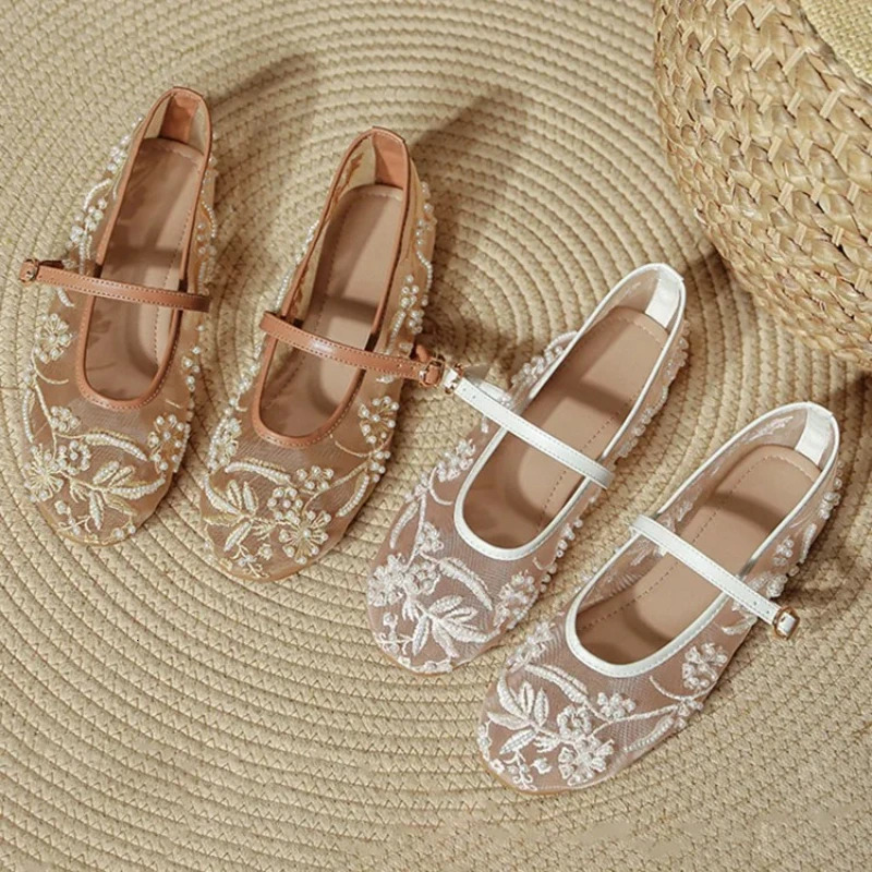 Embroidery String Bead Mesh Ballet Flats Women Fashion White Pearl Mary Jane Shoes Light Summer Flats Elegant Cozy Flat Sandals 260323