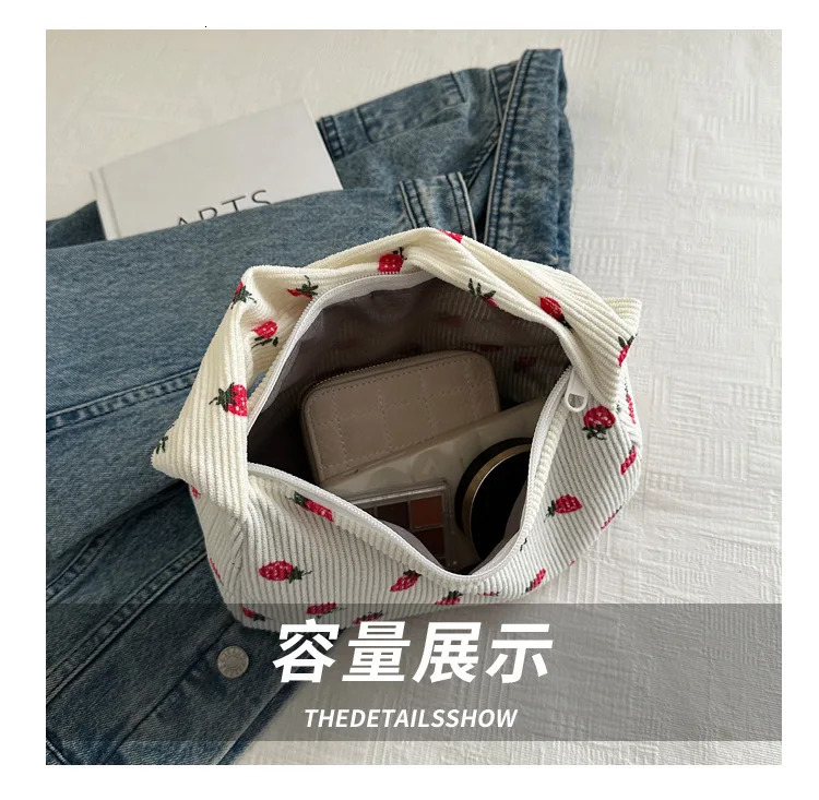 Women Small Corduroy Handbag Cute Strawberry Print Little Tote Underarm Bag Half Moon n Eco Cloth Purse Mini Shoulder Bags 260317