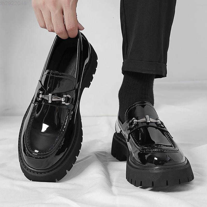 New Style Thick Sole Height Increasing Men Broad Round Toe Casual Shoes Leather Shiny Surface Chunky Heel Trendy Shoes Large Sizes 38-46 Free Shipping