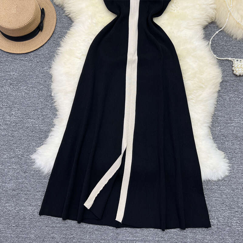 2026 Spring/Summer New Fashionable and S18 Elegant Color Block V-neck Long Knitted Women's Tank Top Hepburn Black Dress