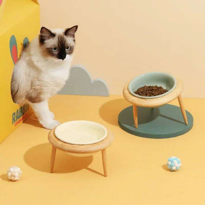 800ml Food Water Bowl with Wood Stand Small Medium Dogs Elevated Drinking Eating Feeder Pet Cat Dog Ceramic Feeding Supplies 26W0330