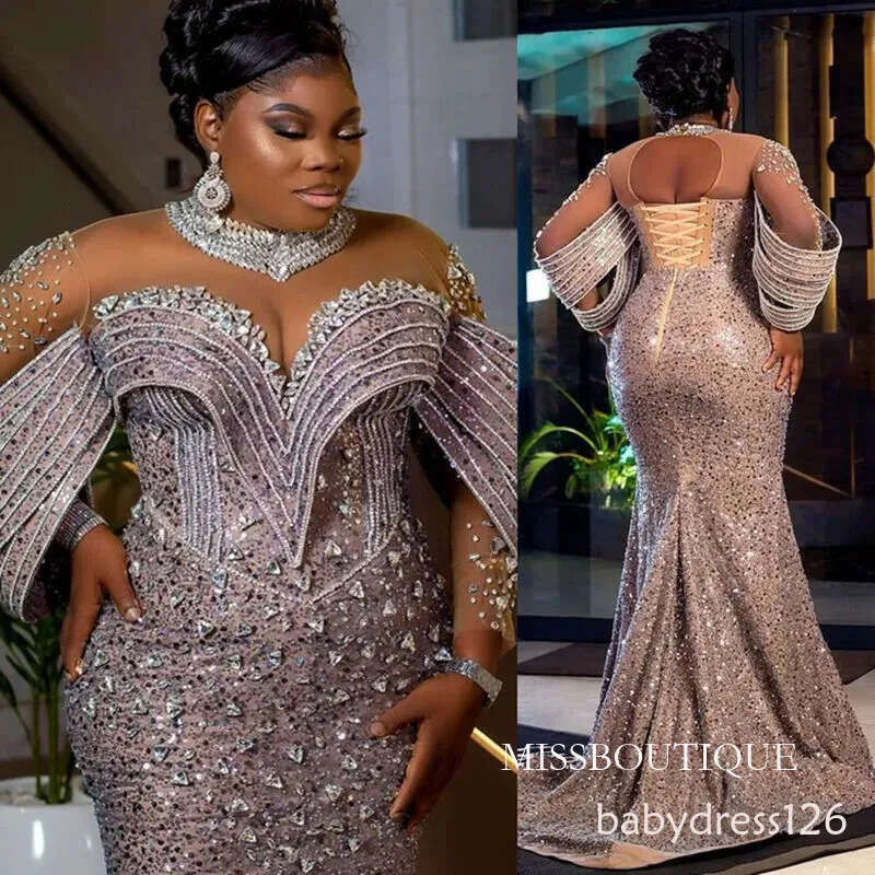 Plus Size Aso Ebi Prom Evening Formal For Women Mermaid High Neck Long Sleeves Rhinestones Crystals Birthday Dress Reception Gowns F03 D0330