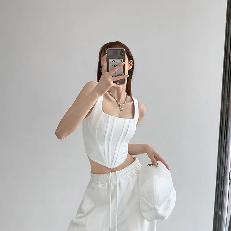 2023 Summer Crop Tops Sexy Square Neck Tight Backless Short Top Sleeveless Tank Tops Women Casual Solid Color Basic Camisole 260313