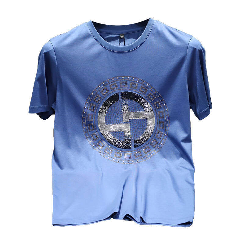 Mens short-sleeve T-shirt with rhinestones European style trendy fashion slim fit light luxury heavy-duty sequin half-sleeve tee
