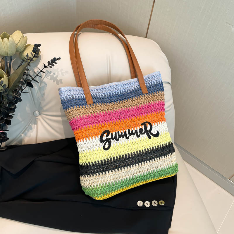 Free Shipping High Value Rainbow Striped Straw Tote Bag for Women Summer Beach Handbag Large Capacity Shoulder Bag