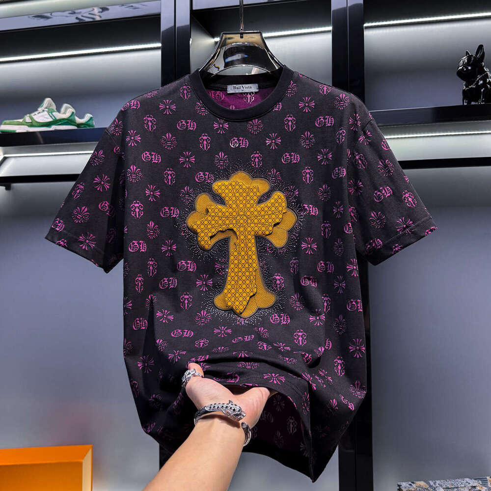 European-style men's high-end rhinestone-embellished short-sleeve T-shirt, luxury new summer trendy brand, loose-fitting, light-luxury American s