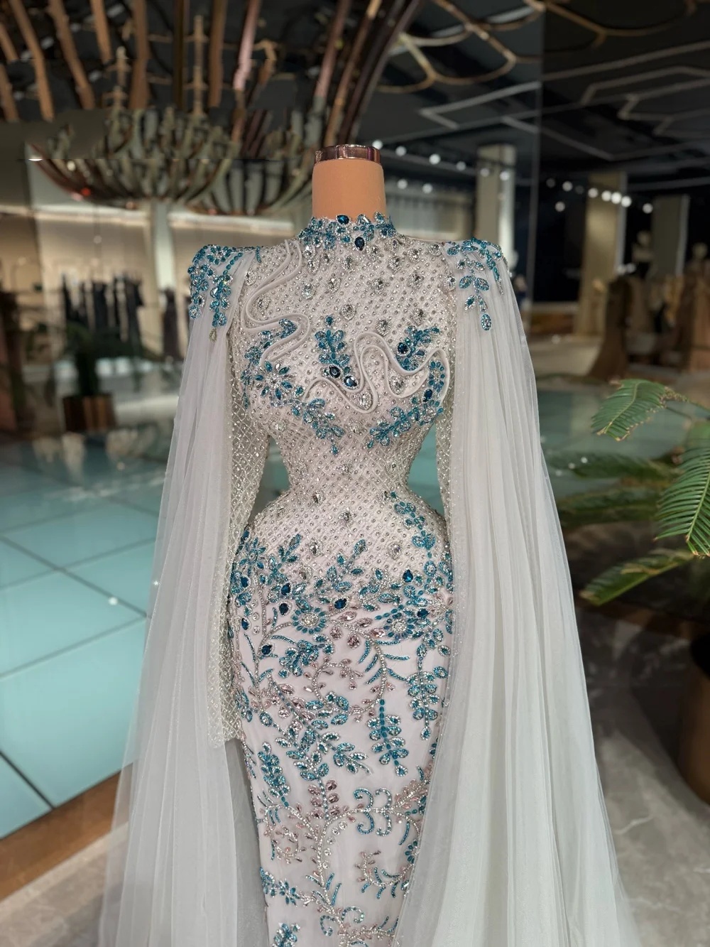 Fashion High Neck Sequins Prom Dresses Elegant Beaded Crystal Lace Evening Dress Floor Length Party Gown Customized