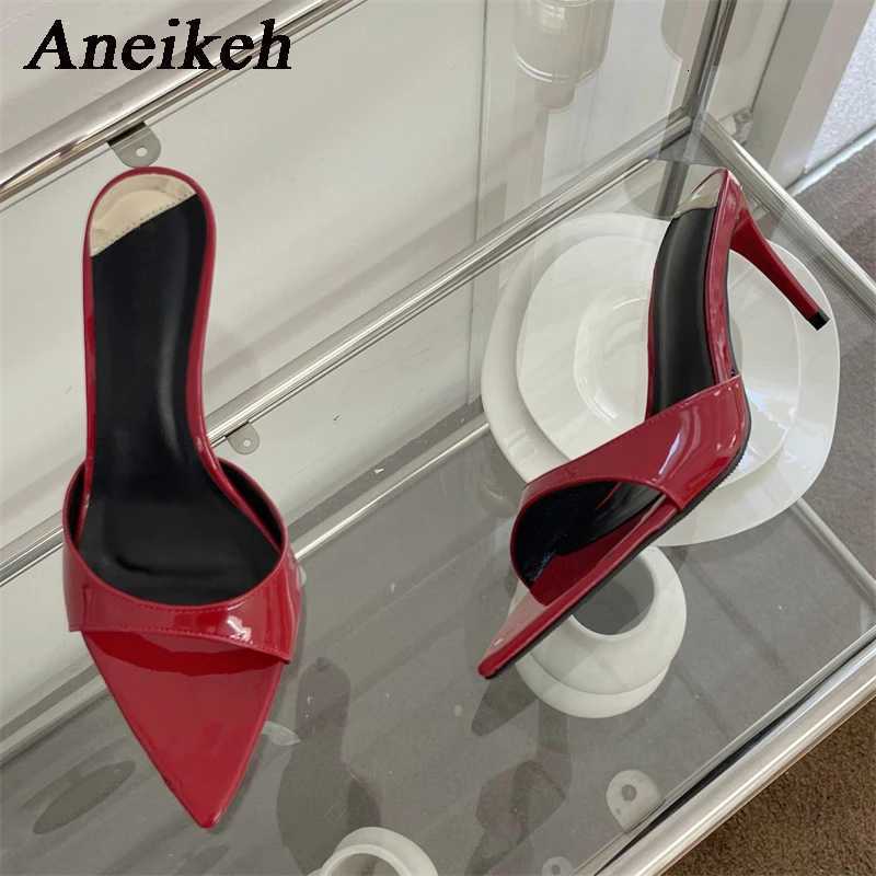 Aneikeh Fashion Sexy PU Shallow Slim High Heels Women Pointed Open Toe Outdoor Solid Color Anti Slip Sandals Slippers Mules Z260330