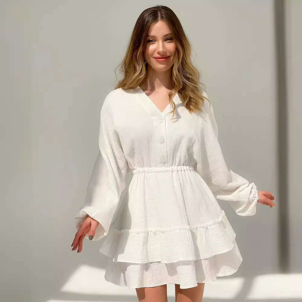 20264 European and American cross-border summer new product, solid color long-sleeve dress, elegant V-neck slimming A-line dress