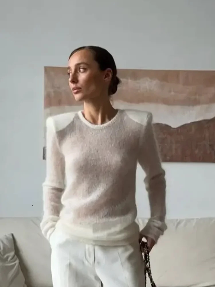 Women Solid See Through Knitted Pullover Sexy Round Neck Full Sleeve Slim Fit Thin Sweater Female High Street Knitwears 260325