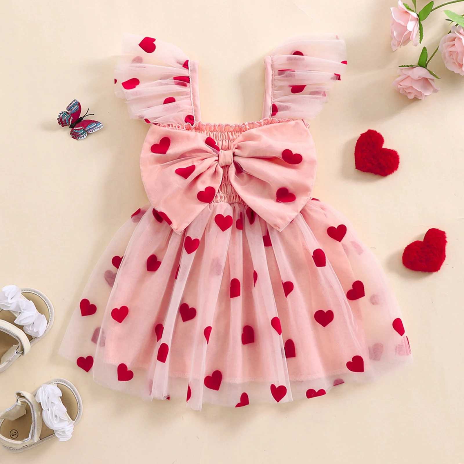 MISOWMNJOY Chiffon Summer Baby Girls Tulle Dress Princess Heart Bows Flutter Sleeve A-Line Kids Clothes Valentines Day DressesT260330