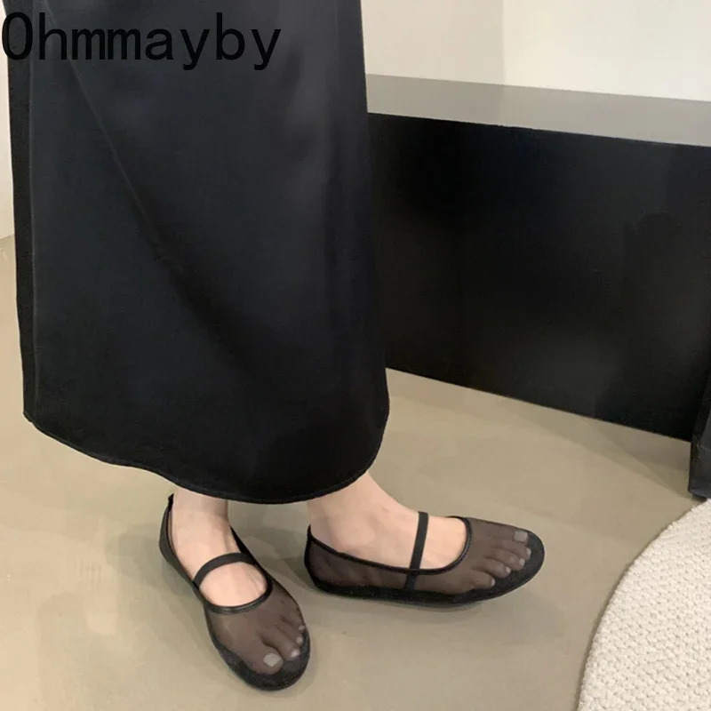 Autumn Women Mesh Fabric Ballet Flat Shoes Fashion Shallow Elastic Band Ladies Comfort Soft Sole Mary Jane Shoes 260323