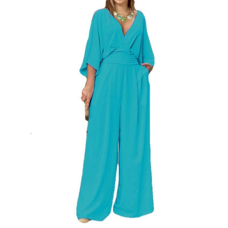 2026 Spring New Collection: Cross-Border European and American Foreign Trade Women's Clothing - Elegant Casual V-Neck Slim-Fit Solid Color Wide-L