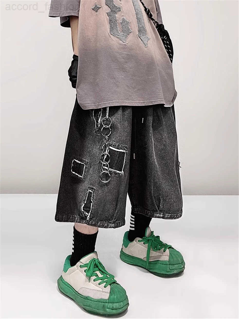 Patch Denim Shorts Mens Streetwear Hip Hop Knee Length Pants Harajuku Vintage Baggy Casual Wide-leg Jeans Short Male H260330