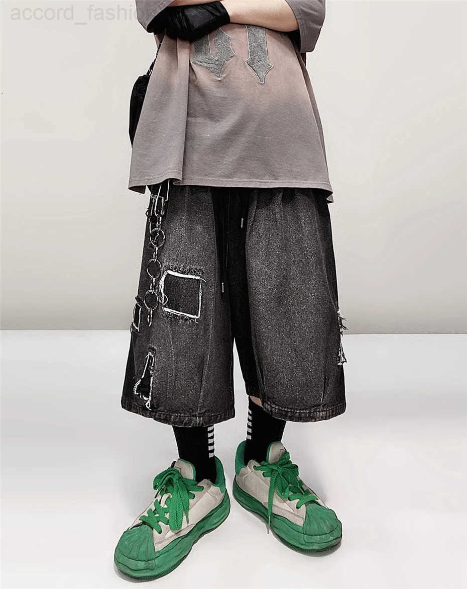 Patch Denim Shorts Mens Streetwear Hip Hop Knee Length Pants Harajuku Vintage Baggy Casual Wide-leg Jeans Short Male H260330