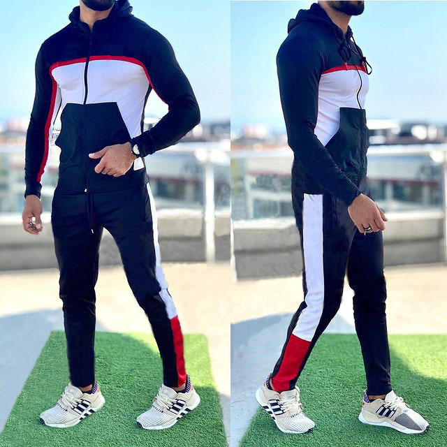 Cross-border men's clothing, color-blocked sports suit, one-piece hooded autumn jacket, sporty casual outfit, trendy long-sleeve style
