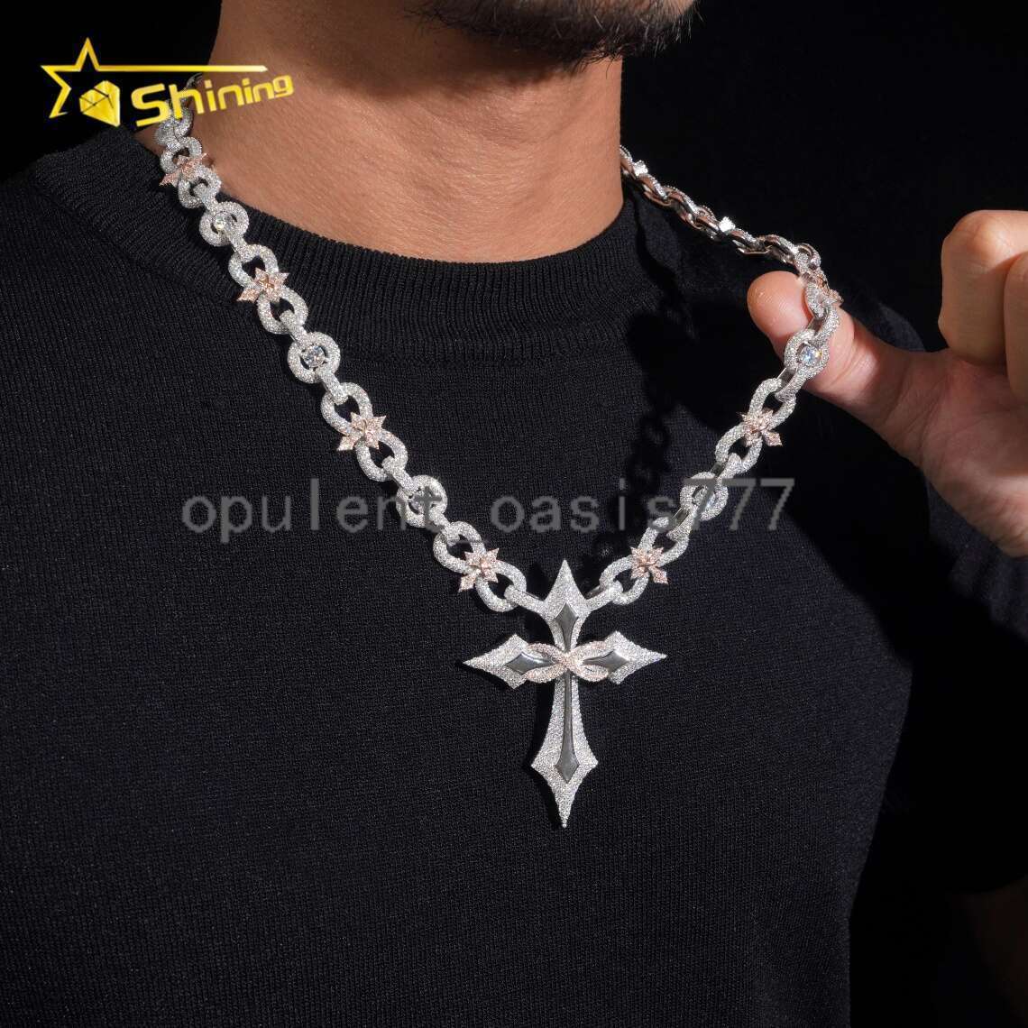 New Arrival Iced Out 925 Silver Moissanite Cuban Link Chain with Cross Pendant Luxury Men Infinity Cuban Link Moissanite Jewelry