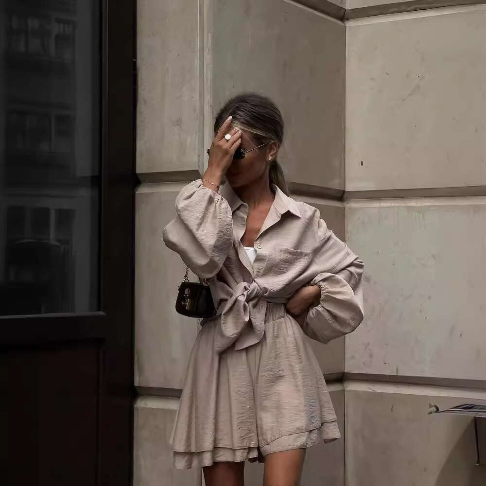 2026 Summer European and American Women's Clothing Cross-Border Long-Sleeve Top Ruffle Shorts Casual Fashion Set for Women