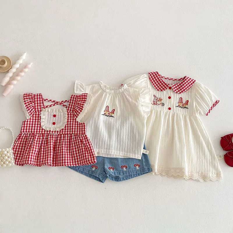 Children Sweet Thin Style Bunny Mushroom Dress 0-5T Girls Cute Lace Check Pattern Tops Kids ShirtT260330