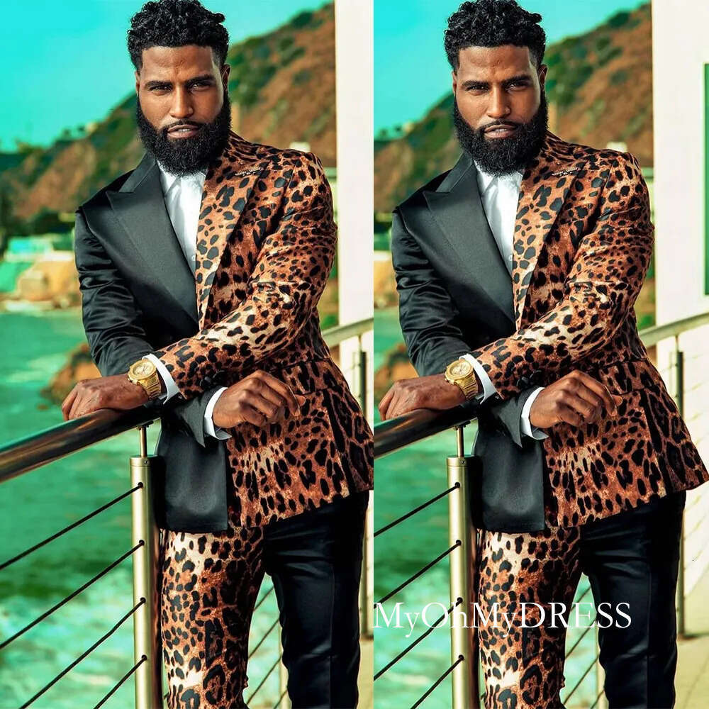 Unique Leopard Men Wedding Tuxedos 2 Pieces Groom Pants Suits Party Prom Jacket Business Wear Outfit Traje Hombre D0330