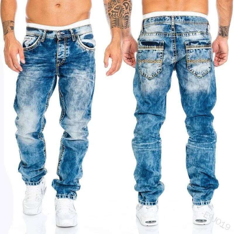 Men Jeans Solid Pockets Stretch Denim Straight Pants Spring Summer Business Casual Trousers Daily Streetwear Men's Clothing 26Y0330