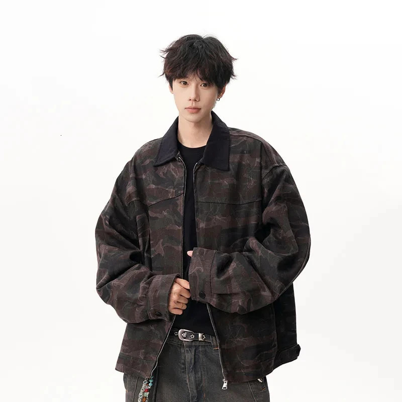 American Style Green Black Camouflage Lapel Mens Jacket Versatile Casual Zipper Coat 2026 Spring Male Clothing 260327