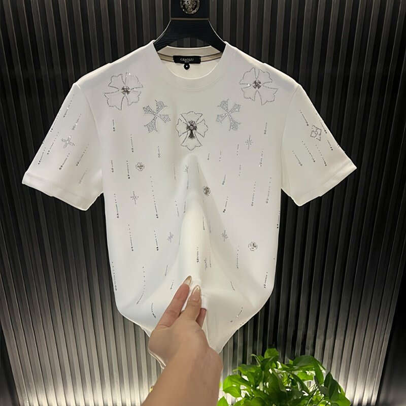Summer New Men's Short Sleeve T-Shirt, Round Neck, Light Luxury High-End Style with Meteor Applique Embroidery