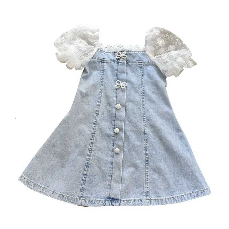 2022 Summer Girls Temperament Dress New Pearl Seersucker Sleeves Stitching Soft Denim A-Line Dresses ChildrenS Fashion ClothingT260330
