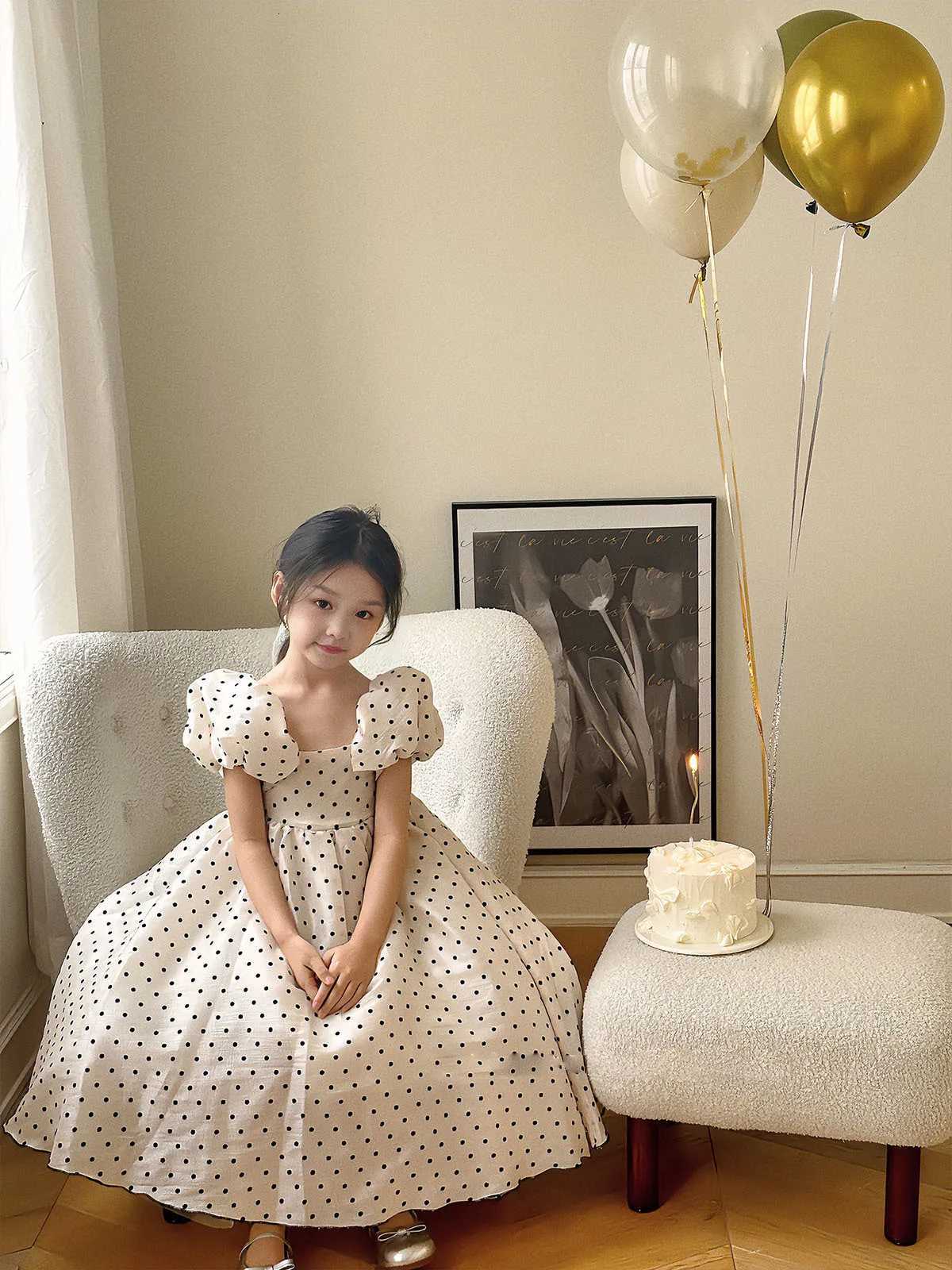 Girls Polka Dot Party Dress Summer Bubble Sleeves Princess Gown Understated Elegance Korean Japanese Style 2-7 YearsT260330