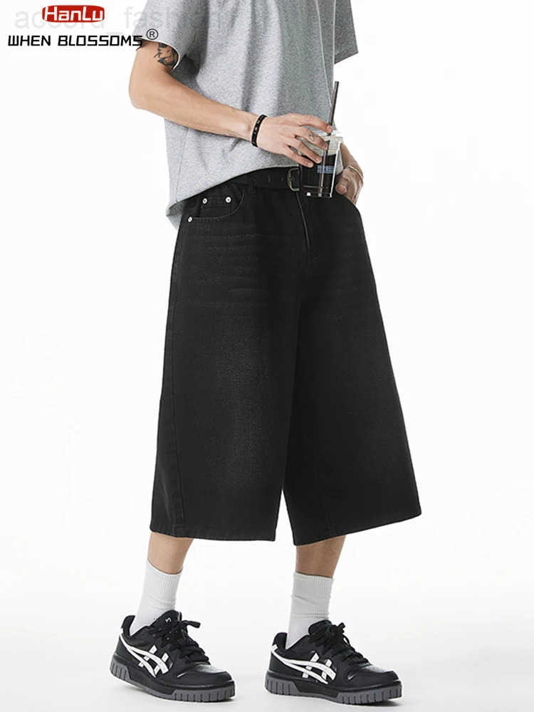 2025 Summer Mens Wide Leg Jeans Shorts Vintage Distressed Wash Y2K Straight Elastic Waist Loose Casual Relaxed Fit H260330