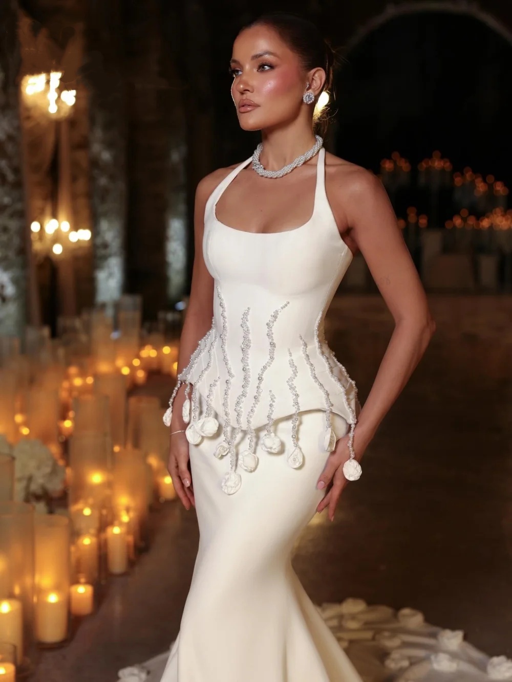 Elegant Pearls Mermaid Evening Dresses Halter 3D Flowers Prom Dress Sleeveless Princess Sweep Train Customized Party Gown Vestidos De Noche Plus Size