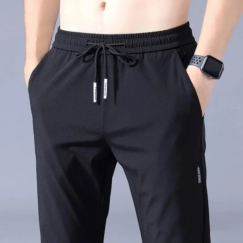 Ice Silk Mens Pants Summer Black Gray Thin Business Casual Pants Outdoor Elastic Breathable Straight Leg Sweatpants 260330