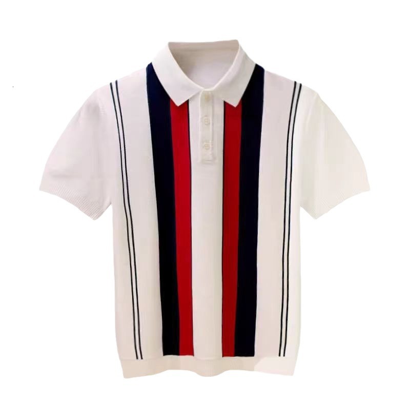 Summer New Style Slim-fit Men's Vertical Stripe T-shirt Retro Color-blocked Lapel Knitted Top Designer Short-sleeved Polo Shirt