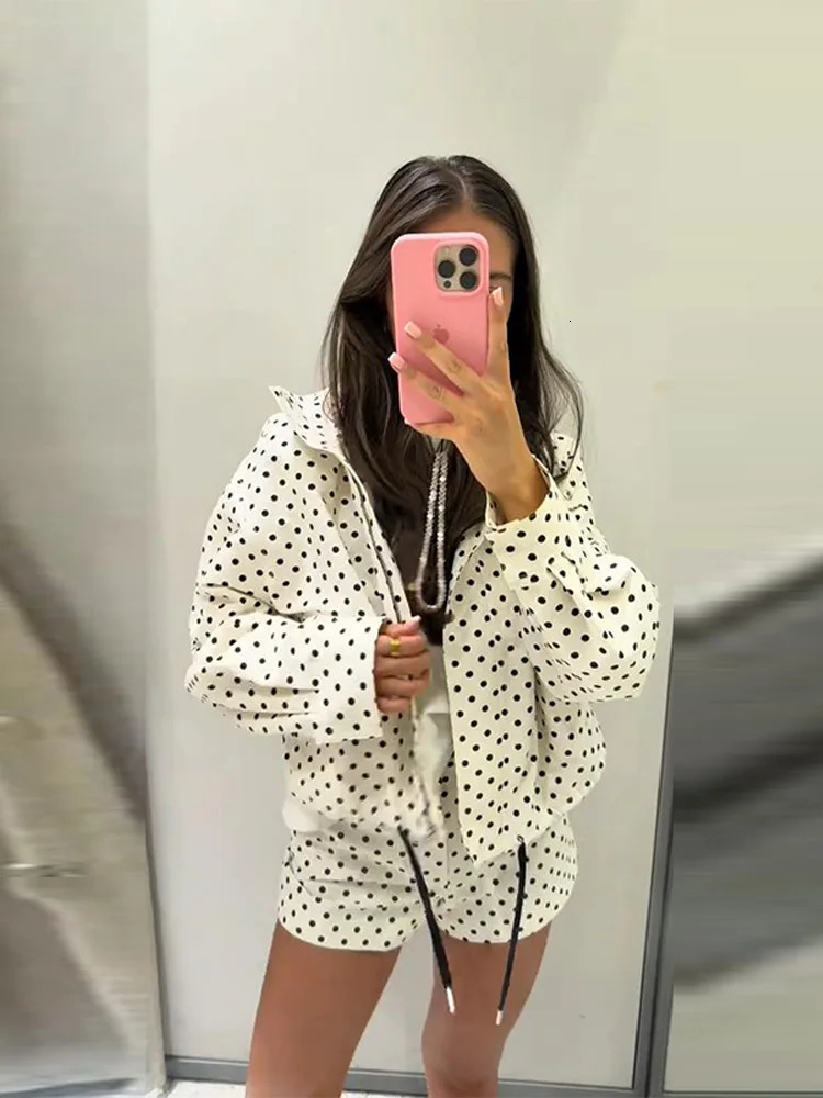 Dot Long Sleeve Jackets Shorts Suits Women Fashion Stand Collar Drawstring Coats High Waist Short Pants Early Autumn Outfits 260326