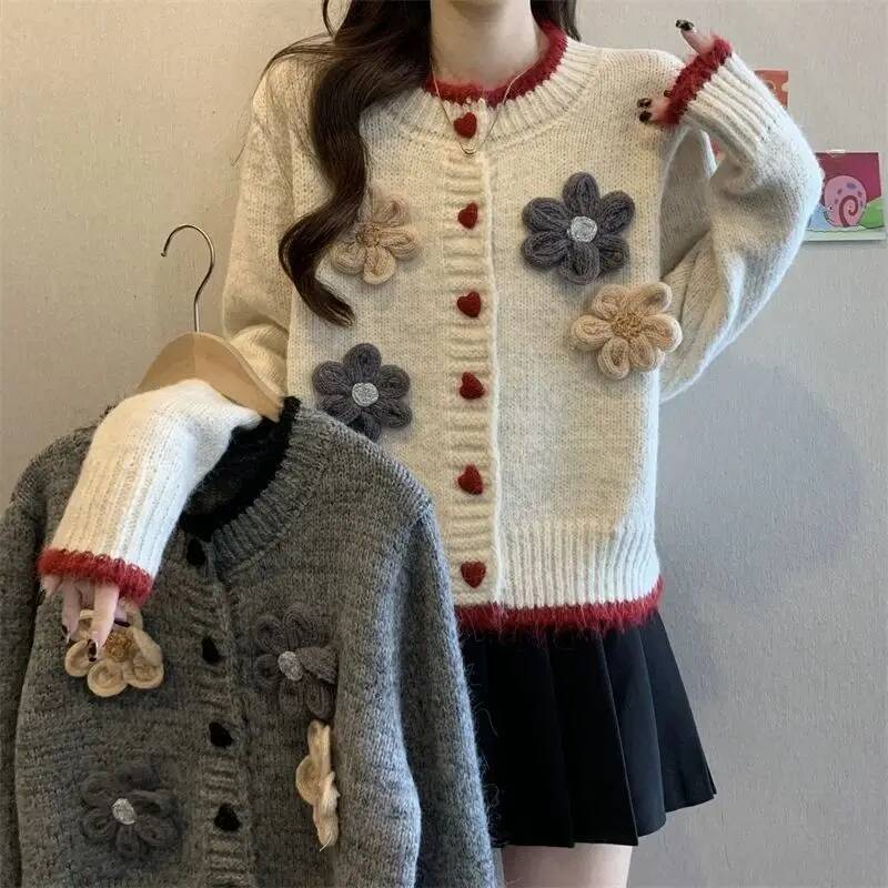 French Temperament Flower Round Neck Sweater Jacket for Women in Autumn and Winter New Elegant Versatile Short Knitted Cardigan