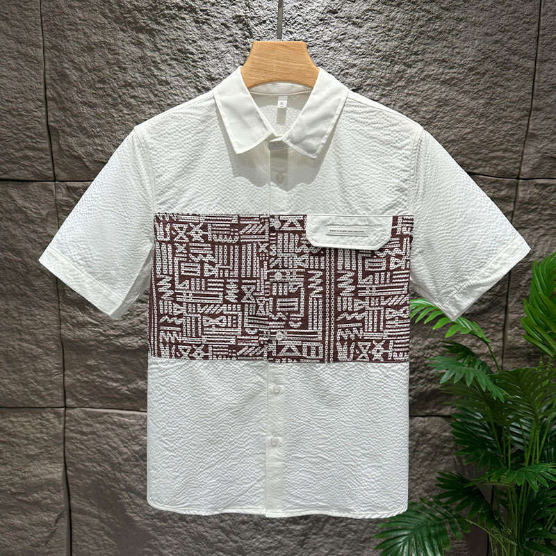 2025 Spring/Summer New Fashion Trendy Printed Short Sleeve Patchwork Casual Loose Versatile Shirt Men's Apparel
