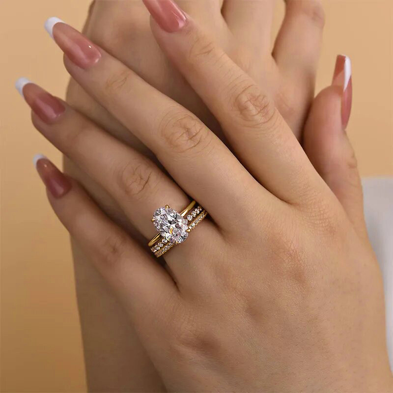 Choucong 18K White Gold Fill 3PCS Oval 5A Zircon CZ Dimaond Ring Set Solitaire Engagement Ring Stackable Eternity Bands Bridal Jewelry For Women Gift