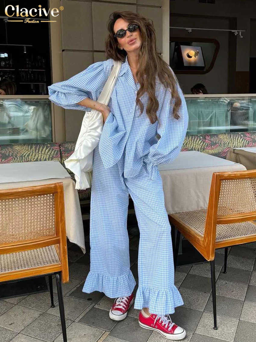 Clacive Fashion Loose Plaid Cotton Womens 3 Pieces Set Elegant Long Sleeve Shirt With High Wiast Wide Pants Set Female 260326