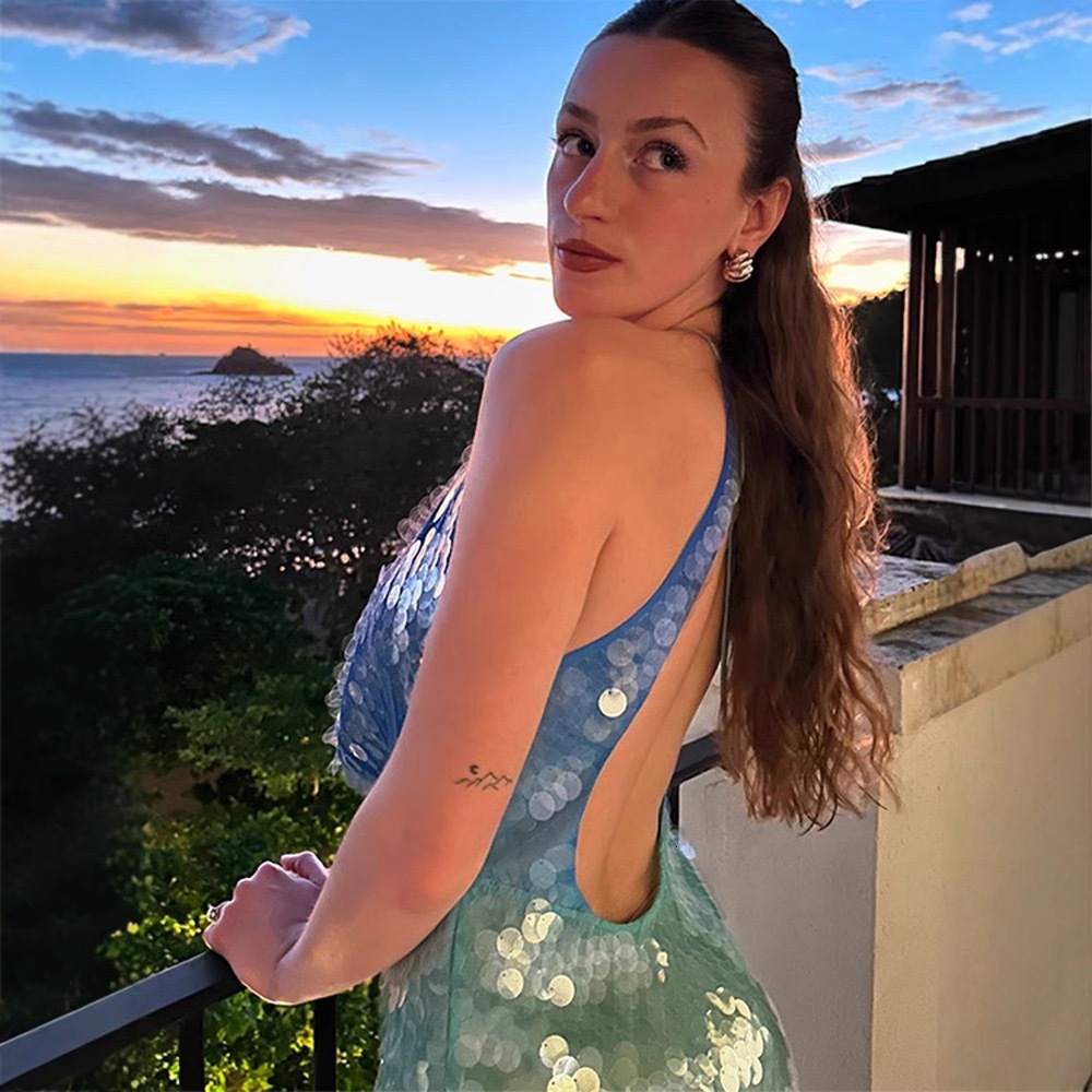 2025 New Fashion Sexy Sequin Elegant Slim Fit Womens Halter Neck Backless Strap Dress