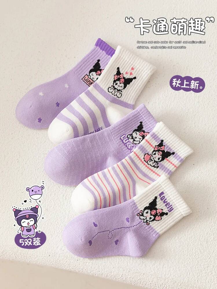 Designer 5 Pairs Kuromi Kids Socks Melody Kawaii New Fall Winter Cartoon Boy Children Mid-Calf Socks Cotton Sock For Girls Gifts