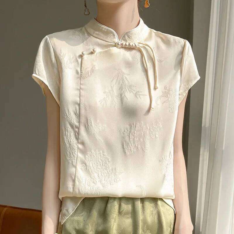 New Chinese Style Short Sleeve Shirt Women's Retro Reformed Acetate Satin Floral Embroidery Top Button Decorated Qipao Cheongsam MAKOUFEI