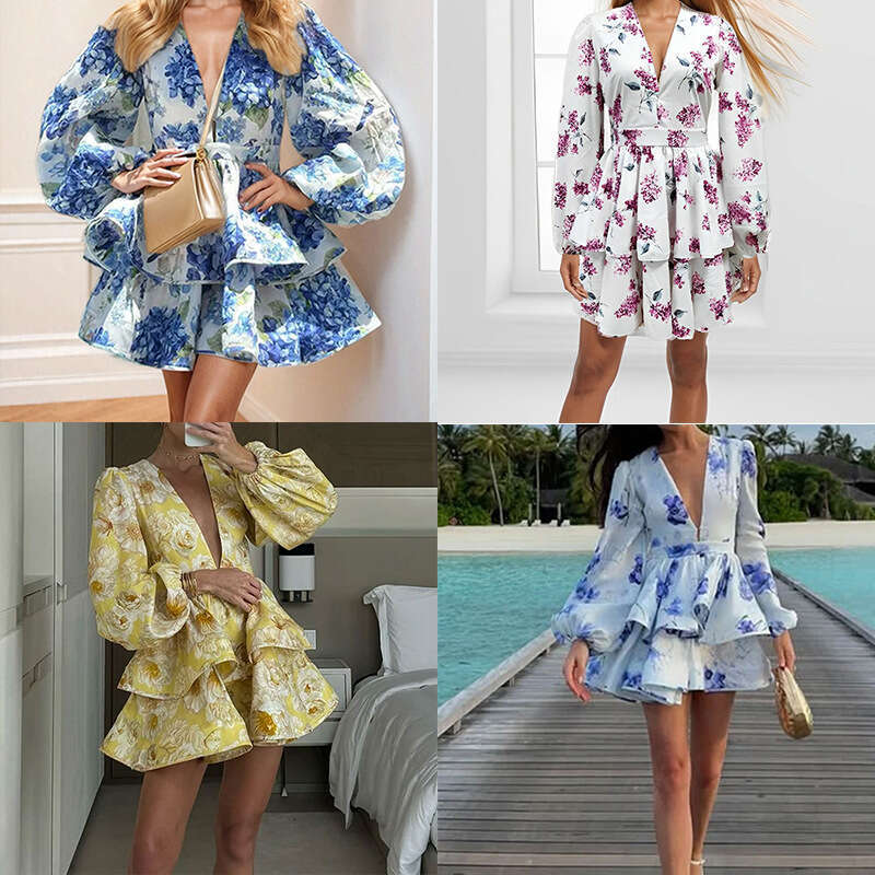 2026 Spring New Collection: Cross-Border European American Foreign Trade Women's Clothing - Elegant and Stylish V-Neck Puff Sleeve Ruffle Dress